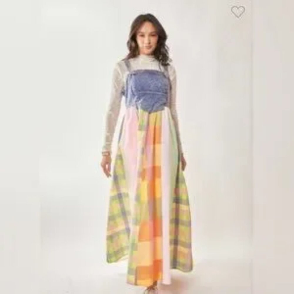 Davi & Dani Overalls Dress Colorful Plaid Denim Maxi Dress - Picture 4 of 5